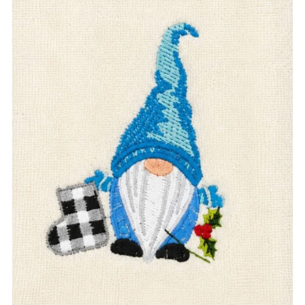 Avanti Christmas Gnome Hand Towels Set of 2 Blue White Buffalo Check Embroidered